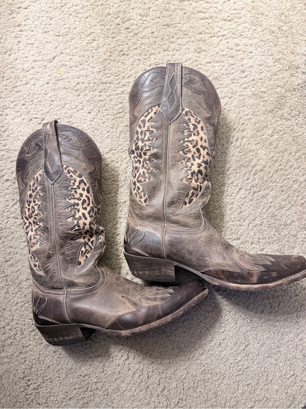 Johnny Ringo Brown Leather Heeled Boots with Leopard Accent